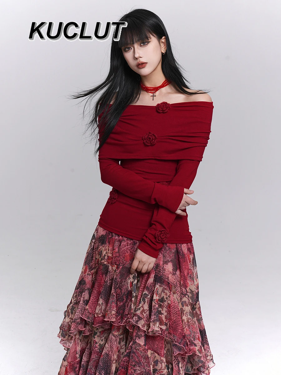 

Girl Off-Shoulder Top Fashion Spring Autumn Solid Color Ladies T-shirts Long Sleeve Tops for Women Elegant Casual Tees