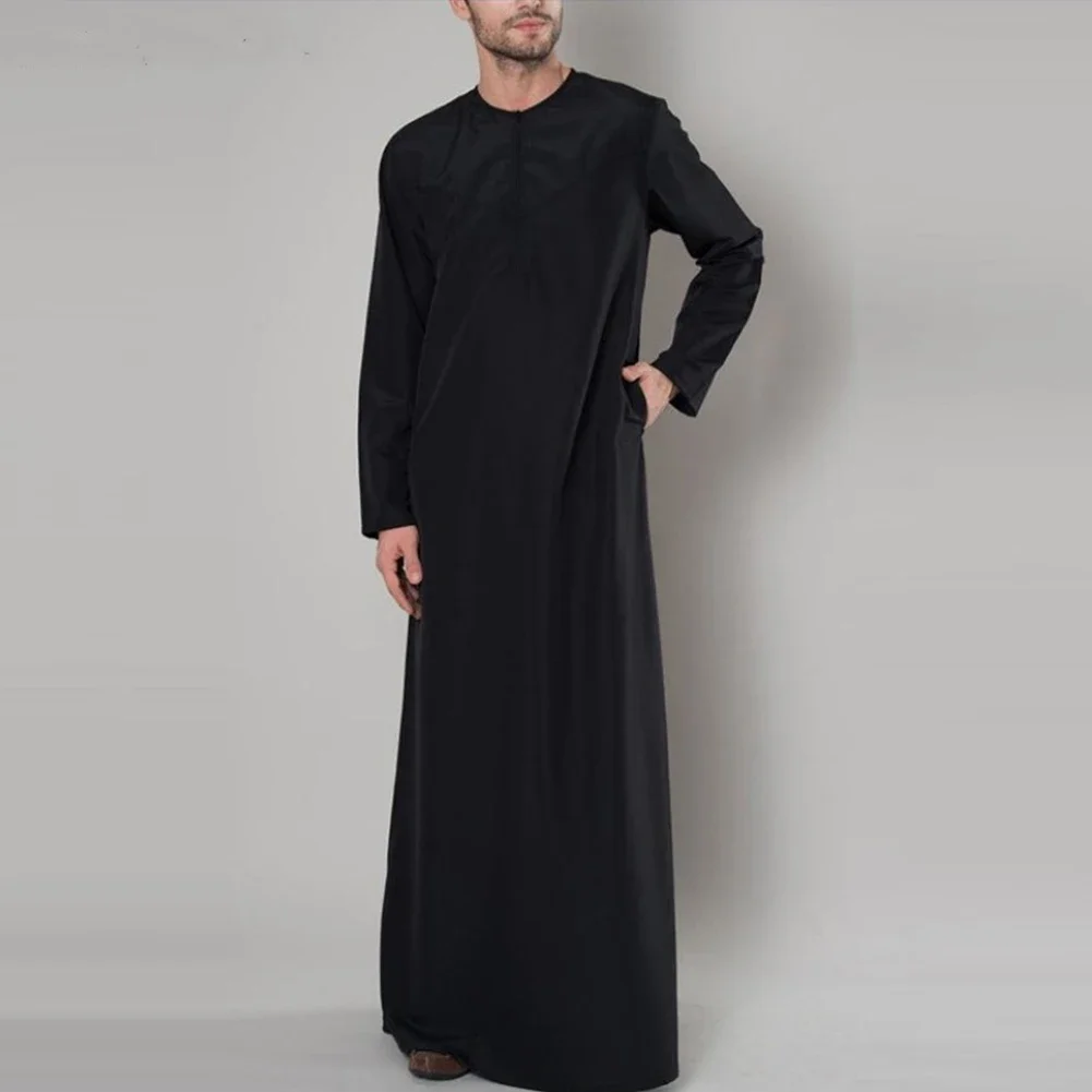 Male Long Shirt Muslim Personalized Solid Color Arab Thobe Comfortable Cotton Kaftan Robes Long Shirt Long Sleeve