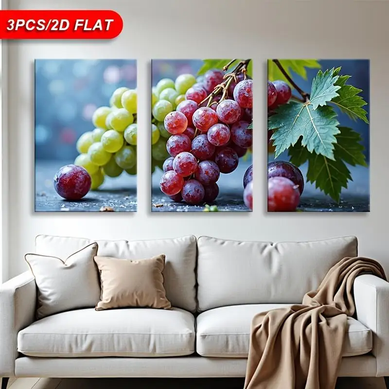 2D Flat, 2D Flat, 2D Flat 3pcs Wrapped Canvas Wall Art Detailed Still Life Grapes Yellow Green Leaves Vintage Art for Christi