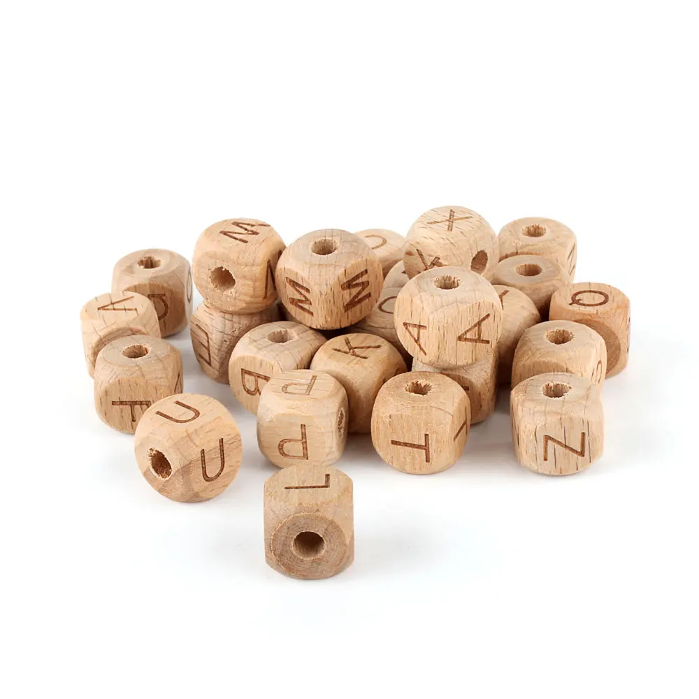 10/100/300/500/1000pcs Wooden Letter Beads Baby Teether DIY Teething Pacifier Chain 12mm English Alphabet Natural Wooden Bead