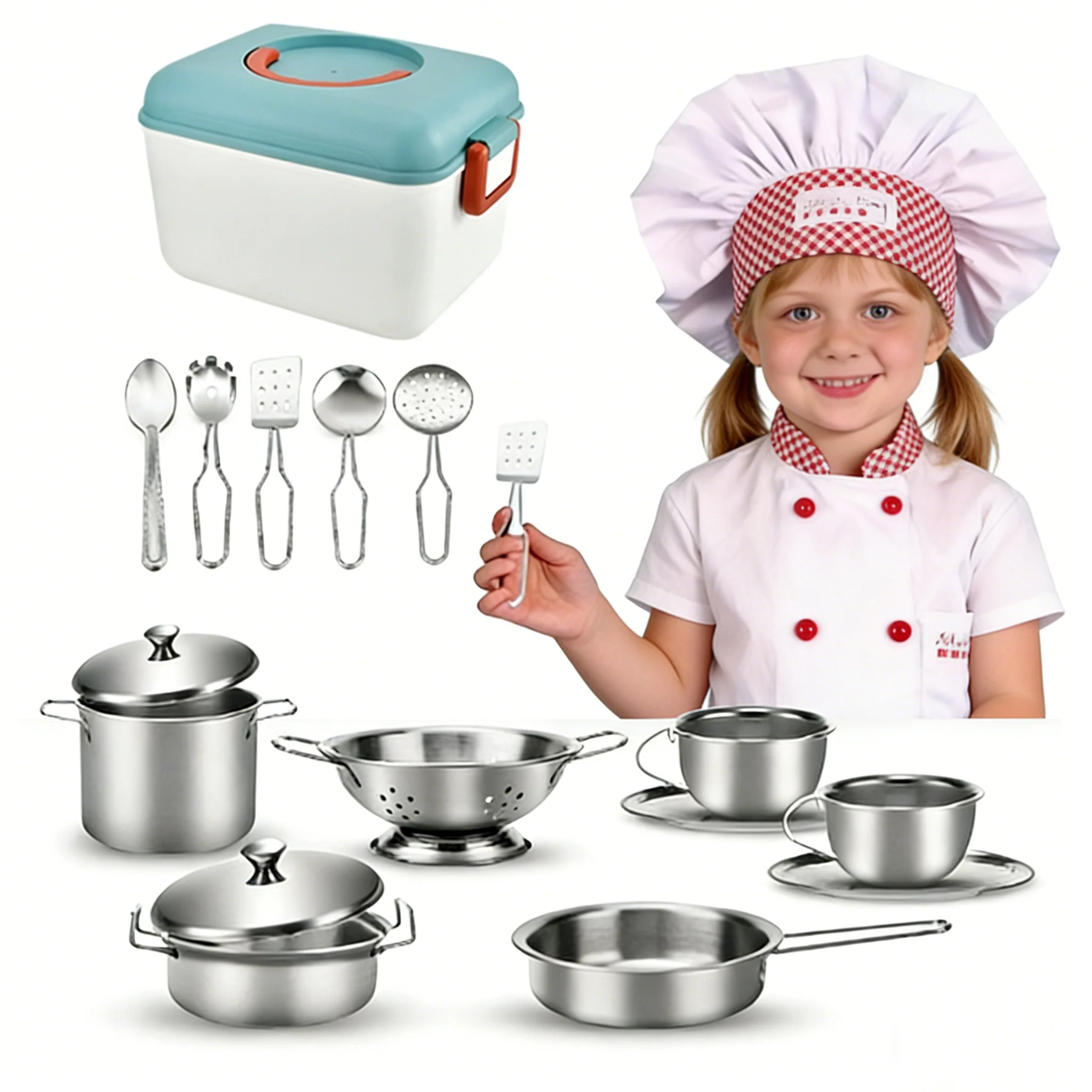 

Мини-набор игрушечной посуды из нержавеющей стали, игрушки для ролевых игр в приготовление еды с кастрюлями, сковородками, кухонными принадлежностями и коробкой для хранения, развивающий подарок для ролевых игр