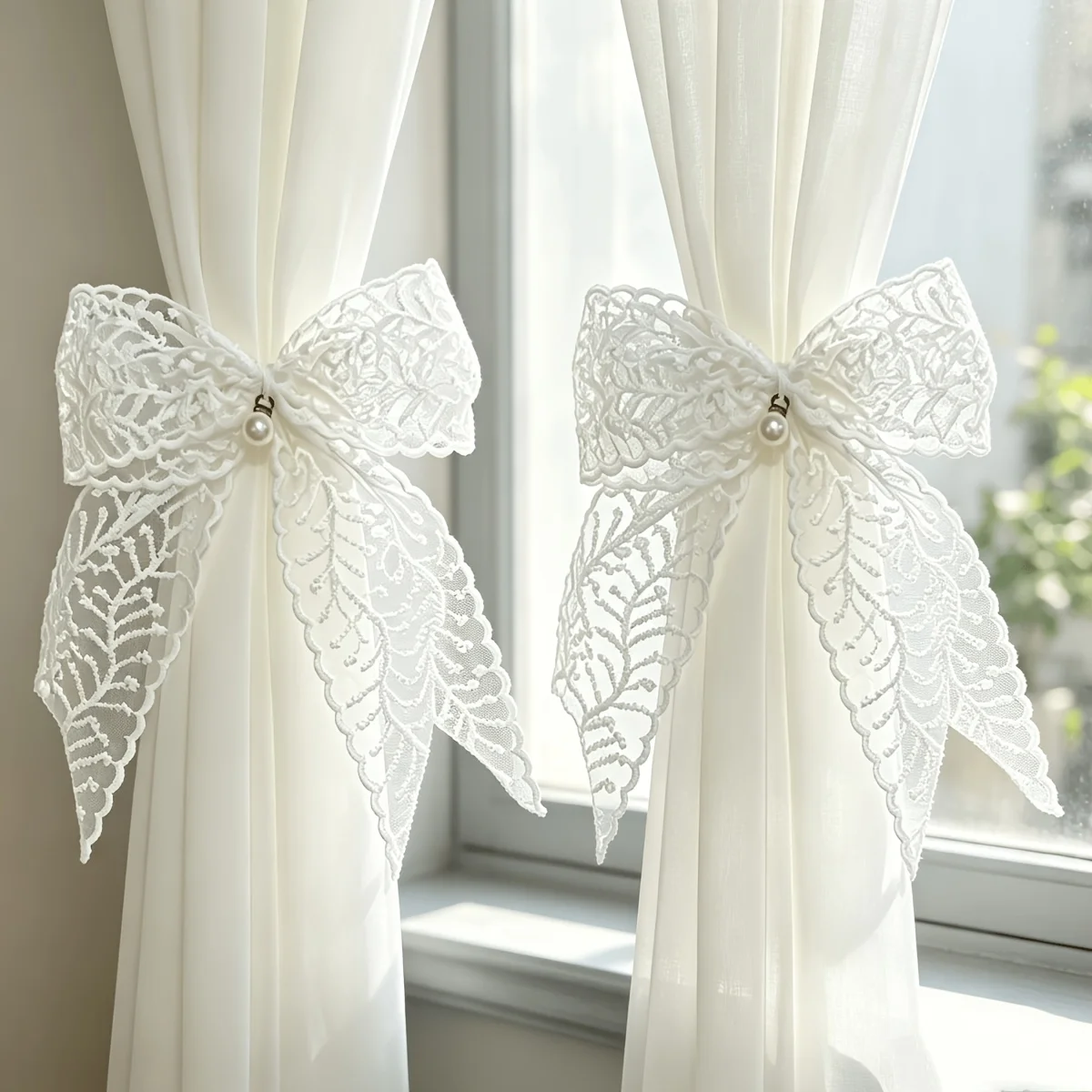 2pcs French Bohemian Lace Curtain Tiebacks with Pearl Pendants & Hollow Embroidery - Cream Sheer Holders Suitable for Bedroom