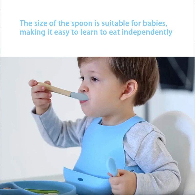 2Pcs Children\'s Wooden Handle Silicone Fork Spoon Soft and Resistant To Falling Baby Feeding Spoon Set Auxiliary Food Fork Spoon