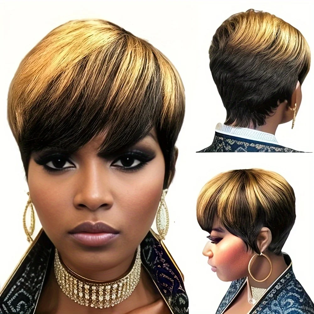 

Short Human Hair Wigs Pixie Cut Wigs for Women Golden Layered Wavy Wigs Full Machine Made Short Bob Wig