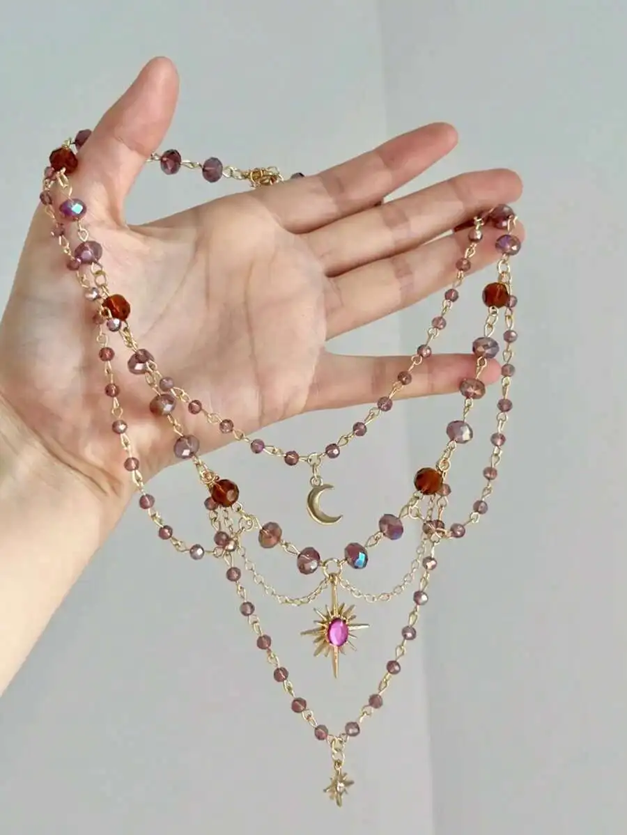Collar vintage de varias capas con cuentas y colgante de sol, luna y estrella para mujer