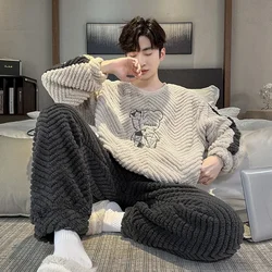 Plus Size Men's Winter Pajamas Coral Fleece Thickened Warm Homesuit Long Sleeve Loose Sleepwear Korean Student Flannel Nightwear
