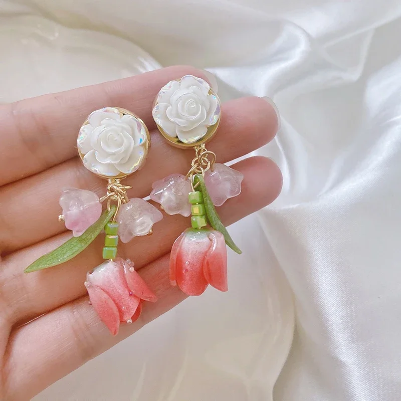 Sweet Pink Lily of Valley Flower Clip on Earrings Green Leaves Cute Resin Tulip Flower Non Pierced Ears Clip for Women Party