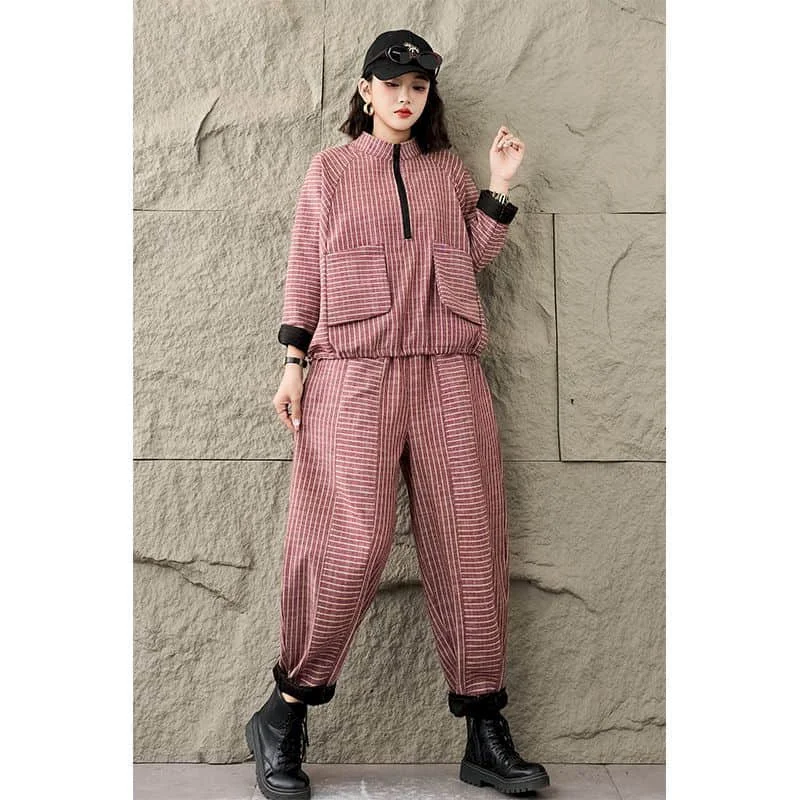 Vintage Pants Sets Long Sleeve Striped Tops and Casual Harem Pants Loose Harajuku Korean Style Two Pieces Sets Women Outfits