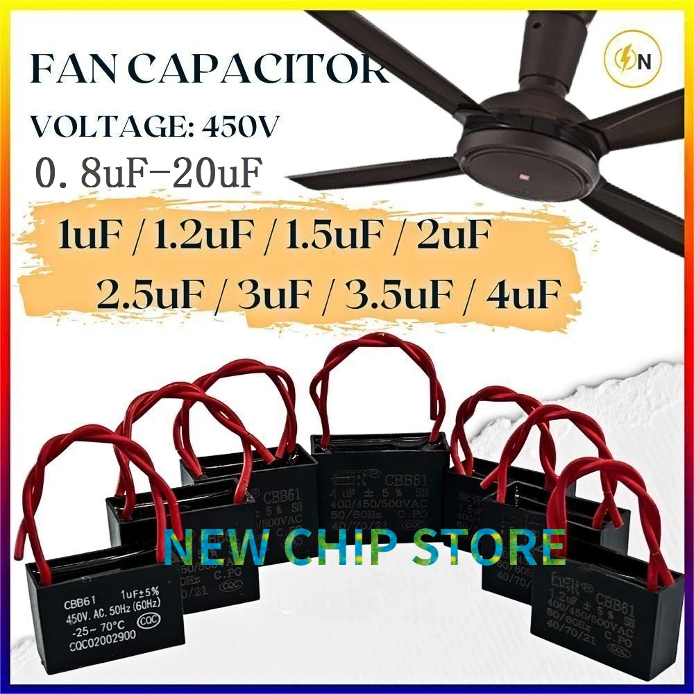 5pcs/lot CBB61 0.8uf 1uf 1.2uf 1.5uf 1.8uf 2uf 2.2uf 2.5uf 2.7uf 450V 50/60Hz Fan Kipas Capacitor Motor Condenser Wire Type