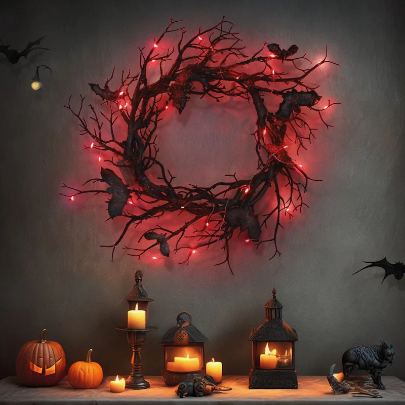 Corona de Halloween con luz LED roja, guirnaldas de ramas negras de murciélago, guirnalda de flores para puertas y ventanas, decoración de