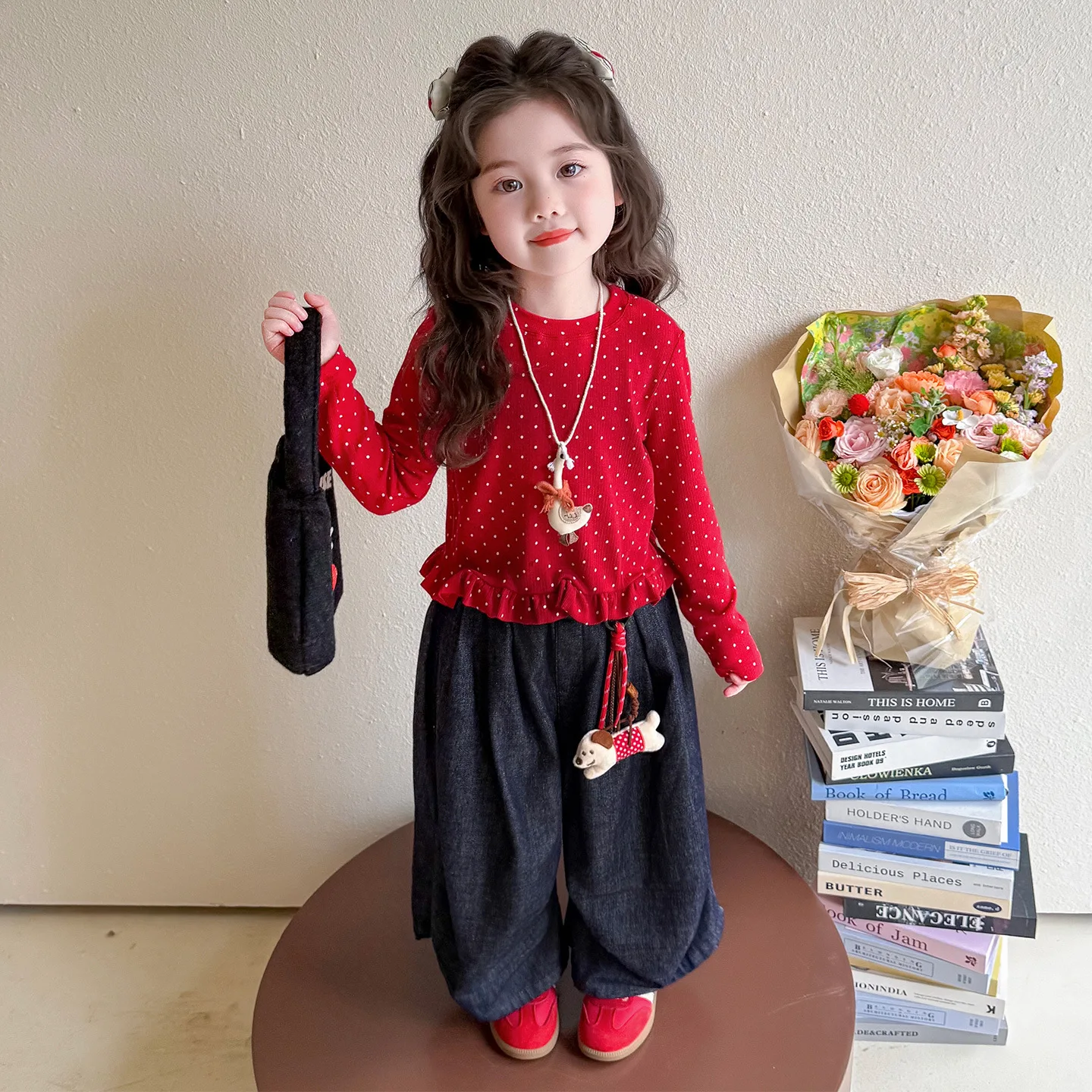 Girls Suit 2025 Autumn New Children's Clothes Girls Baby Fashion Lace Polpok Bottom Shirt Wide Leg Pants Two Sets Casual Simple