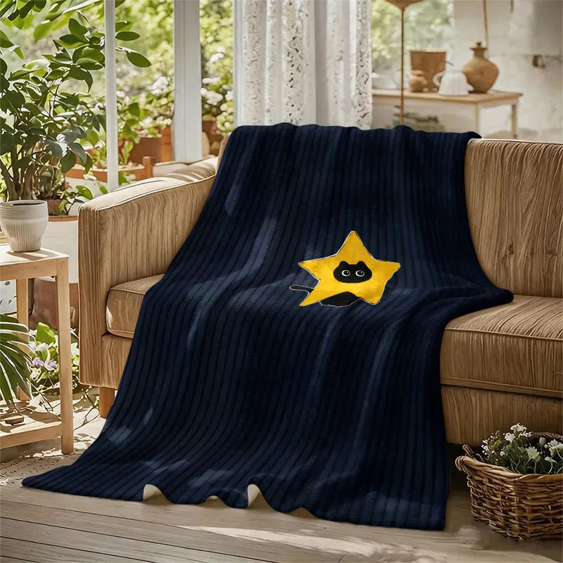 Star Cat Vertical Stripe Flannel Blanket Warm Soft Halloween Christmas Decorative Couch Warm Cozy All-Season Gift