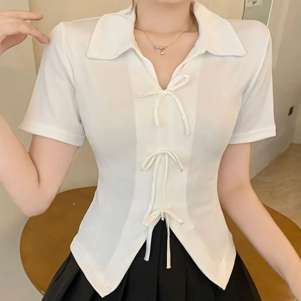 

Fashion Spicy Girls Bowknot Polo T-shirt V Neck Ins Style Y2k Crop Top Women Slim Sweet Short Sleeved T Shirts Travel