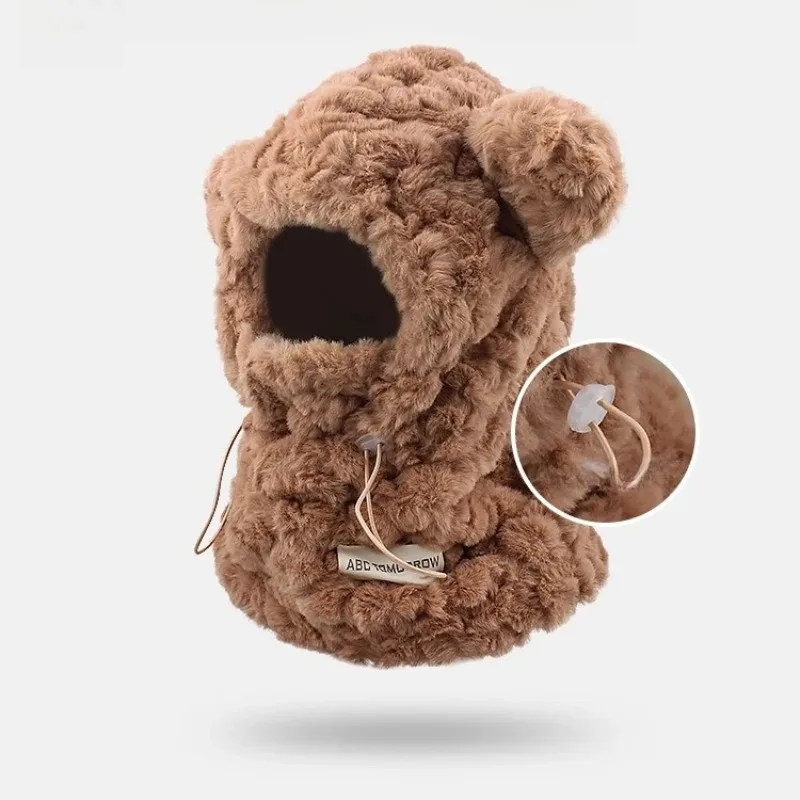 女性の冬用暖かいぬいぐるみ帽子スカーフセットかわいいクマの耳ビーニー、防風フード付きスカーフオールインワン耳保護キャップ