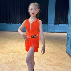 Orange Full Fringed Suit Girls Latin Dance Perofrmance Costumes Sleeveless Chacha Tassels Top Samba Skirts Stage Dresses SL10081