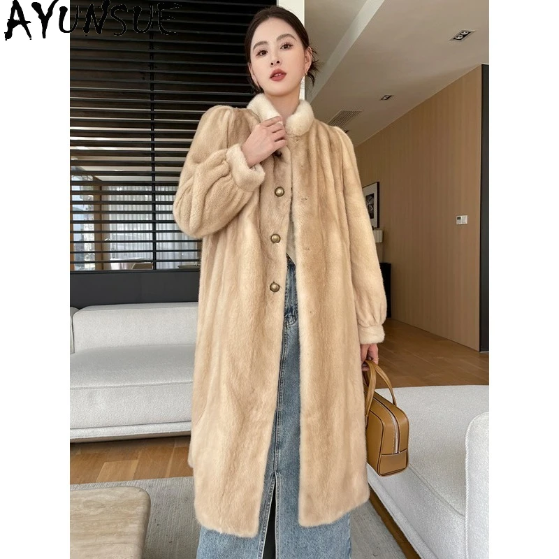AYUNSUE Mink Fur Coat Woman Long Coat Woman Winter Luxury Style Clothes New Arrivals 2025 Woman Clothing Echtpelz Mantel Damen