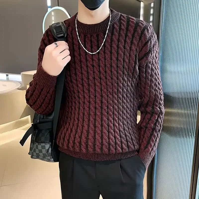 High Quality Striped Jacquard Sweater Men Winter Thicken Warm Round Neck Knit Pullover Casual Business Knitwear Tops Streetwear