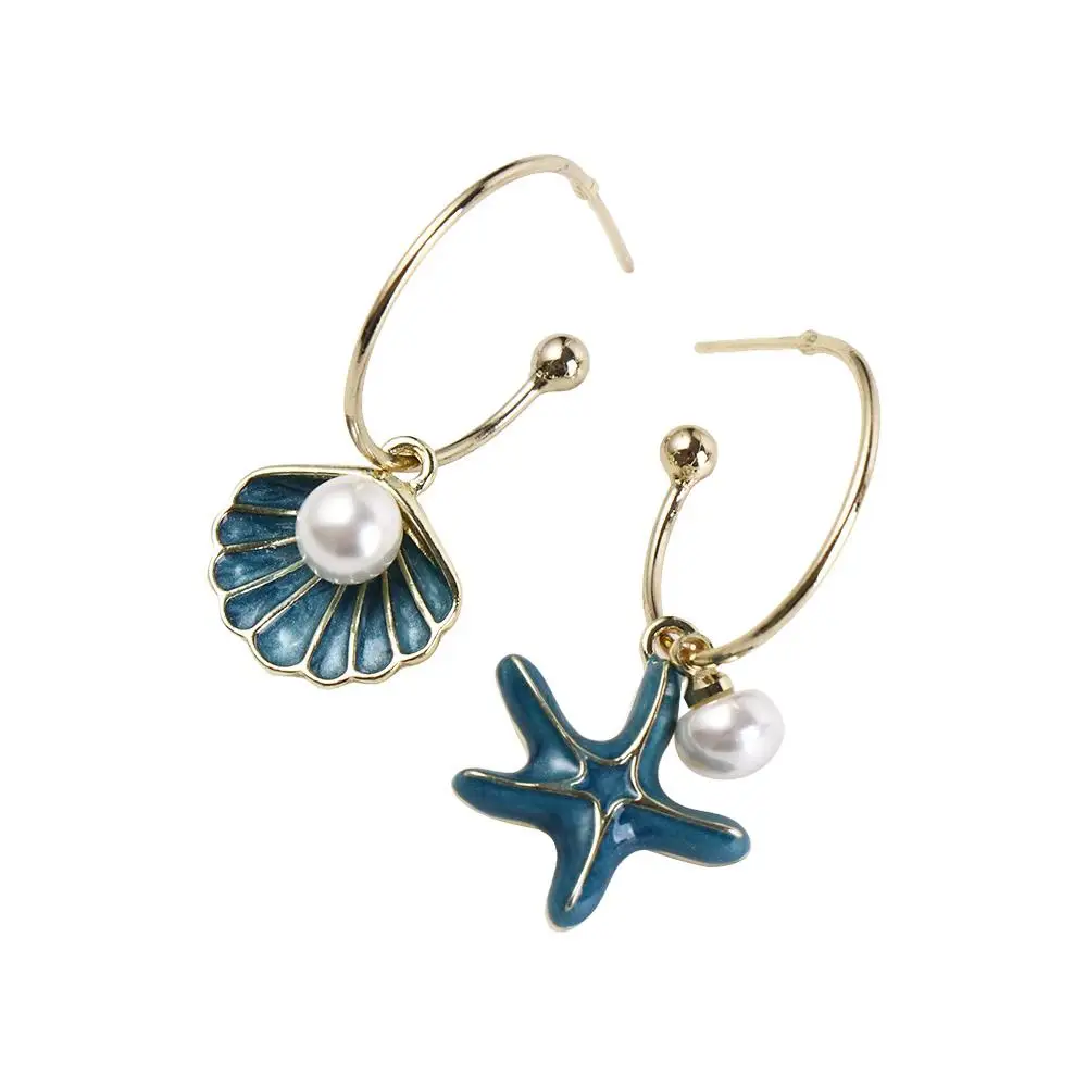 Drip Glaze Alloy Pearl Earrings Starfish Sea Shell Eardrops Blue Elegant Ear Accessories Women