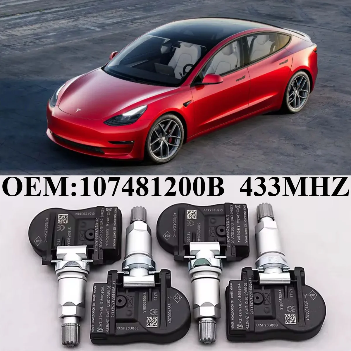 1Pç/4Pç OEM # 107481200B # Sensor de pressão dos pneus TPMS 433MHZ para: TESLA: MODEL 3 (2018/01-2021/12) Alimentado por bateria Panasonic CR2450