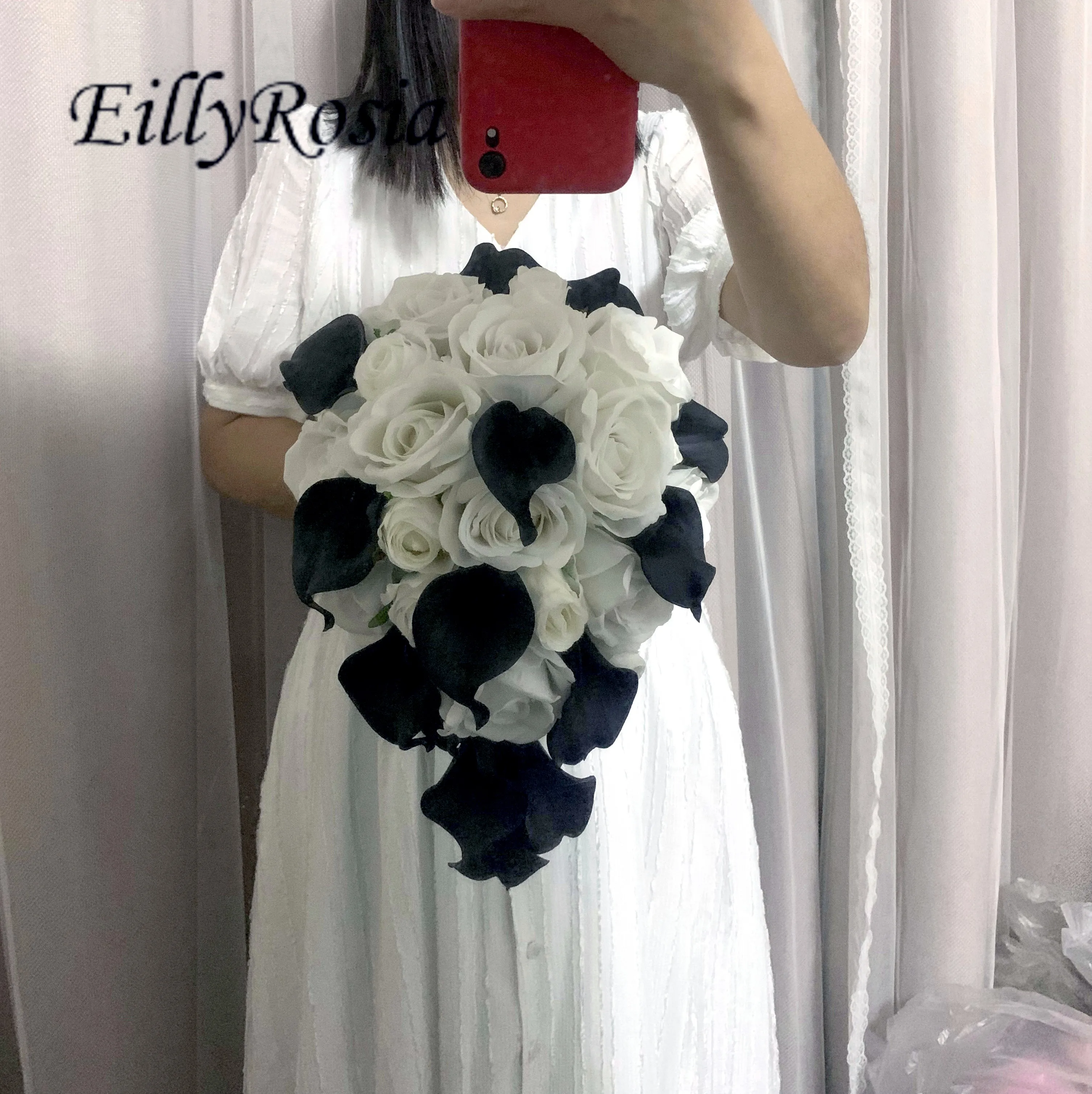 EillyRosia Black and White Cascading Bridal Bouquet Calla Lily Silk Roses Teardrop Wedding Flowers ramo de boda de novia