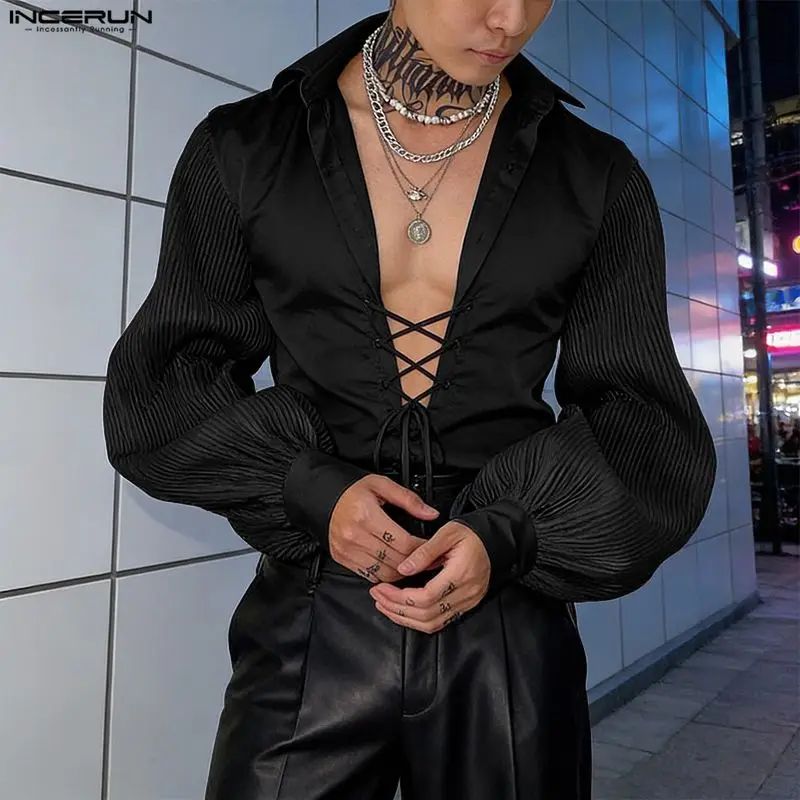 INCERUN Men Shirt Patchwork Lapel Long Sleeve Hollow Out Lace Up Tops Male Shirts Streetwear 2026 Fashion Party Men Clothing
