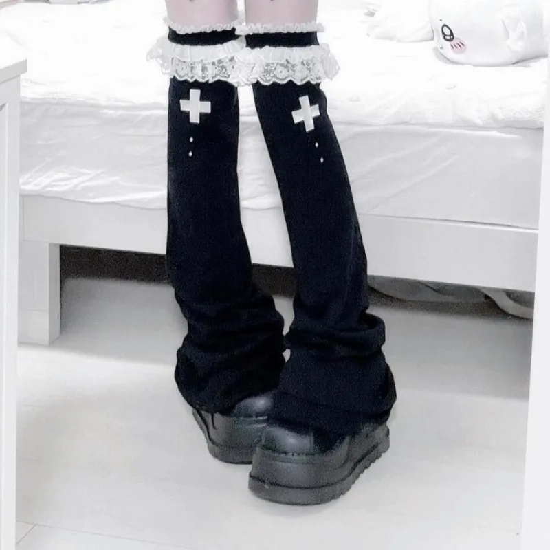 Japanese Dark Black Lace Lolita Wide Leg Socks Beautiful Legs Shaping Over-the-Knee Stacked Flared Slim High Tube Leg Warmers
