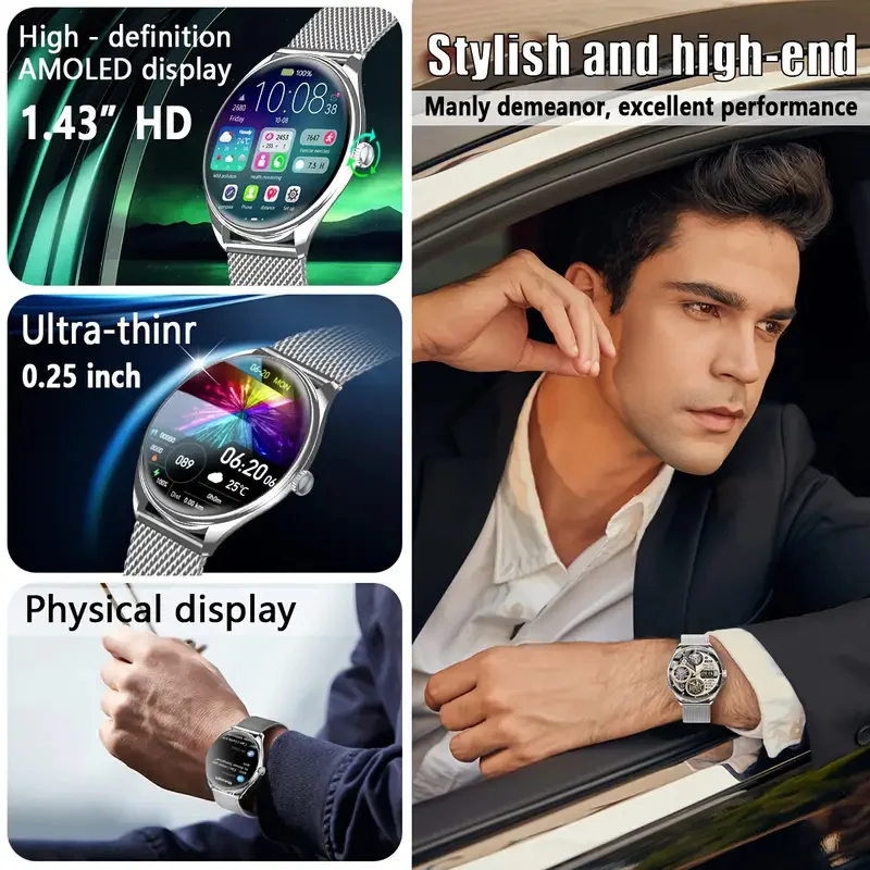2025 New Ultra Thin Smart Watch Men 1.43" AMOLED Display Always Show Time Bluetooth Call Heart Rate Smartwatch Ladies For HUAWEI