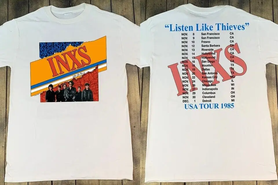 

Футболка INXS с надписью «Слушай, как воры», USA Tour 1985, полный размер