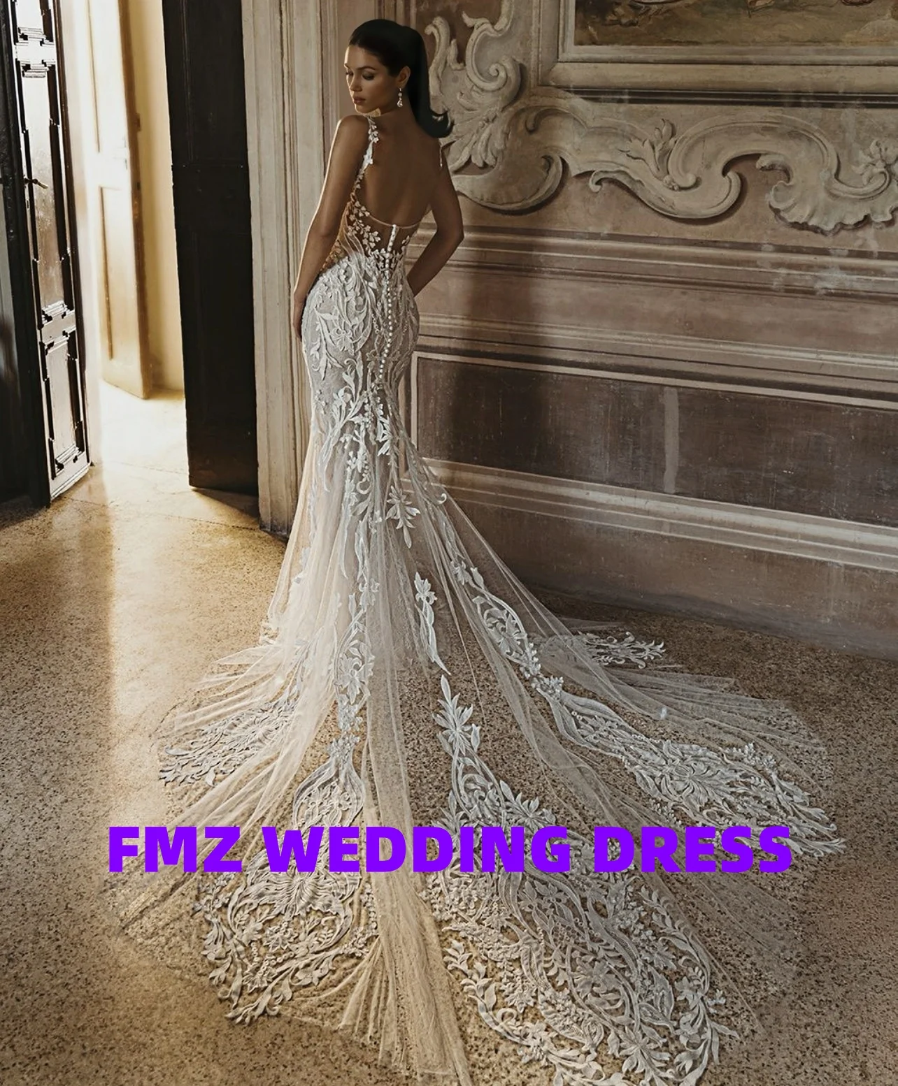 Customized Square collar sleeveless mermaid elegance amanda novias vestidos de novia amanda's novias wedding dress