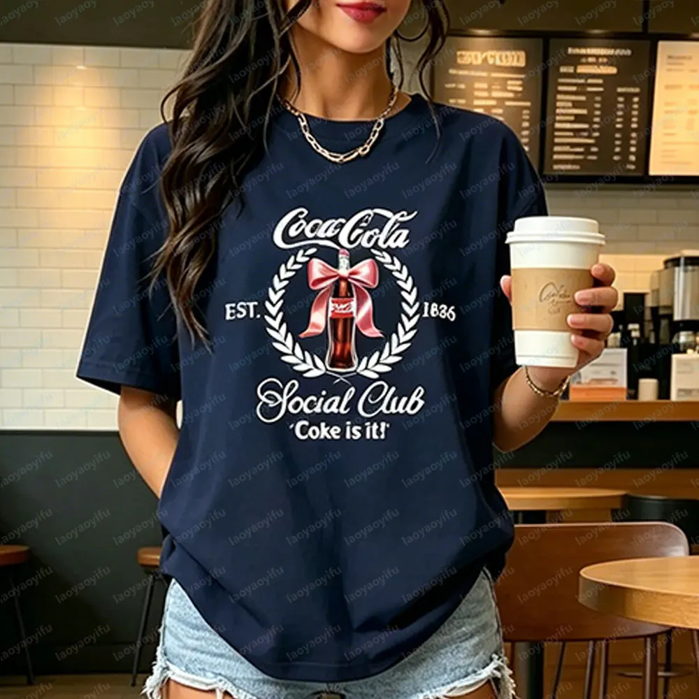 Vintage Coca-Cola Social Club Short-sleeve T-shirt Coquette Bow Soda Printing Women's Tshirt Comfort Cotton Round Neck Tee Tops