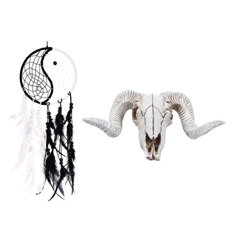 Yin Yang Dream Catcher Circular Net With Feathers Beads & Resin Sheep Head Skull Head Wall Hanging 3D Animal Longhorn