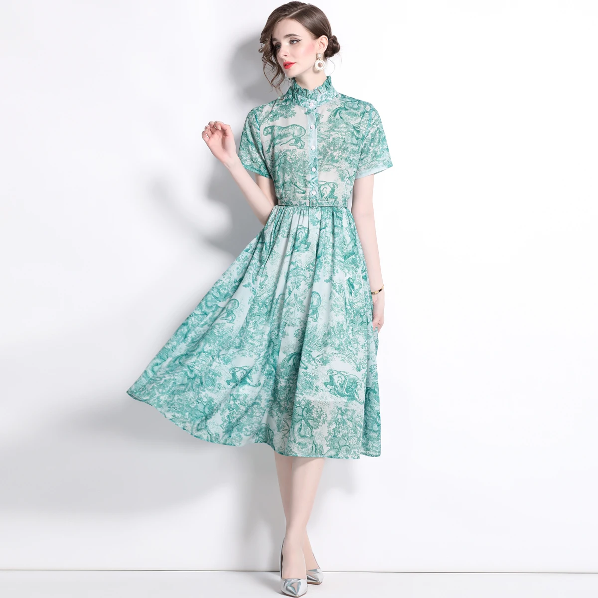 Gaun musim panas mode Retro Runway wanita 2024 gaun kasual motif hewan lengan pendek desainer Midi liburan Vestidos Para Mujer