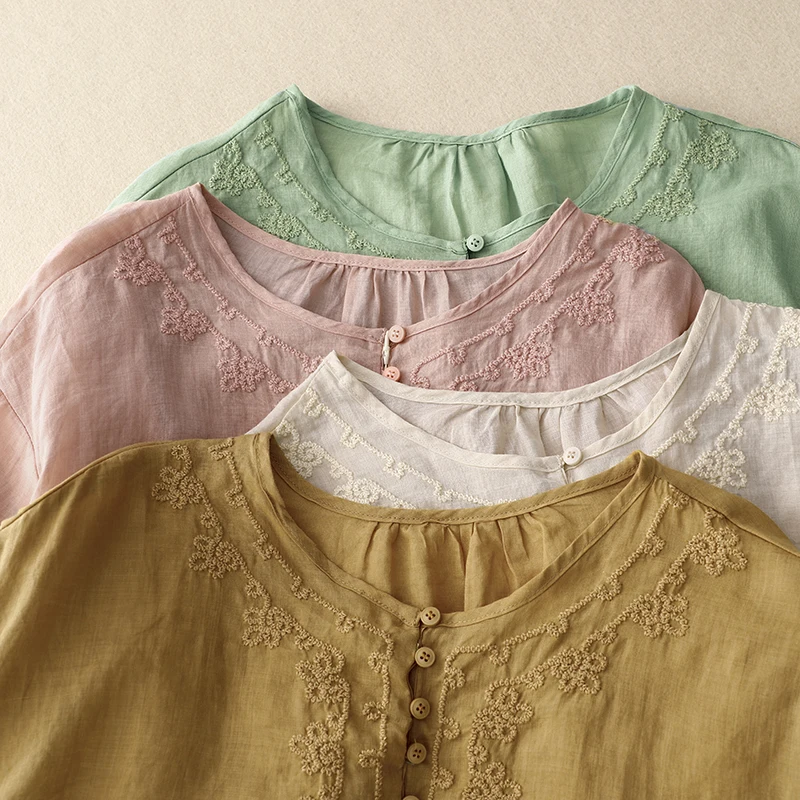 

Свободная футболка из хлопка и льна в стиле ретро, женская тонкая круглая футболка с вышивкой, традиционный китайский топ, летняя мода