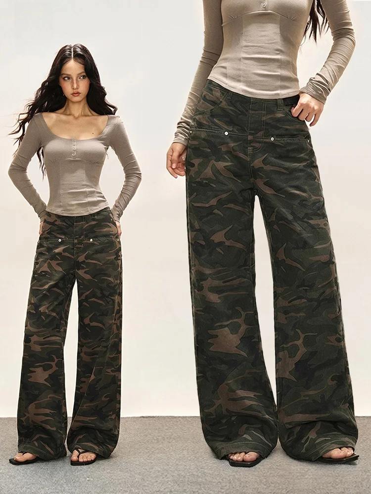

Женские широкие джинсы-клеш в американском стиле с камуфляжным принтом, весенние, свободные, с высокой талией, прямые, повседневные, из денима