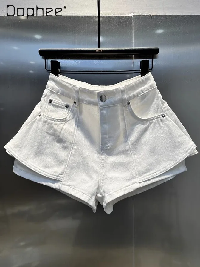 ストリートスパイスガール偽ツーピーススプライシングデニムショーツ女性夏の通勤スタイルファッション無地カジュアル多用途ショーツ