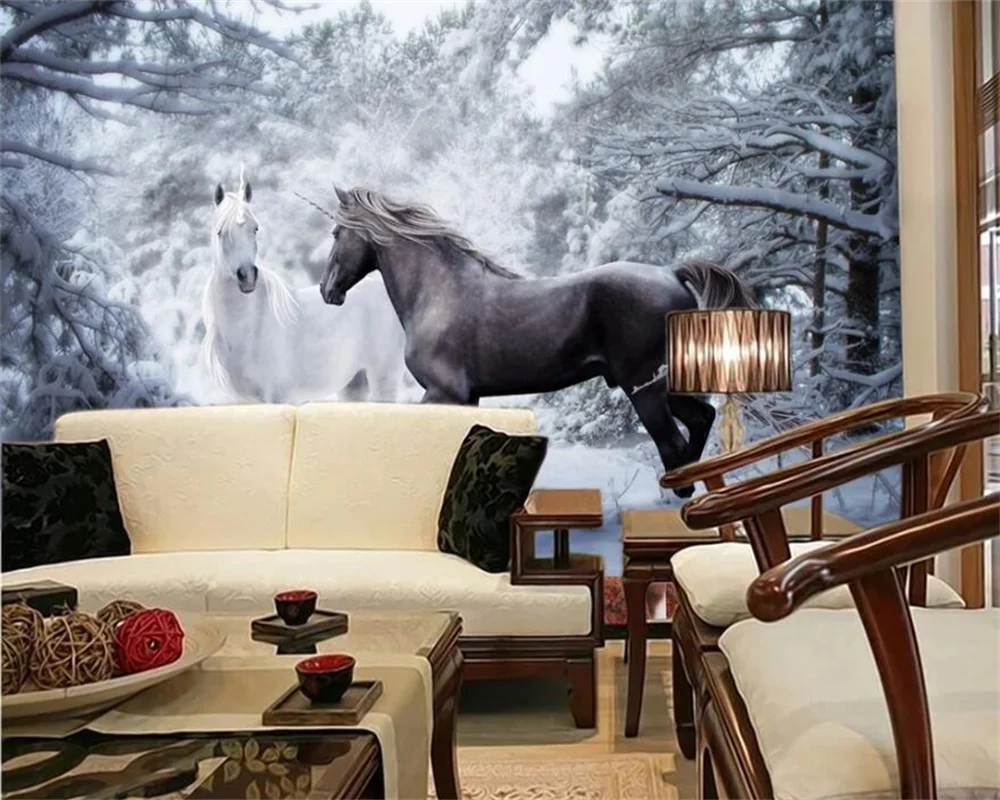 Custom wallpaper 3d mural horse snow black and white art background wall living room bedroom wall papers home decor 3d wallpaper