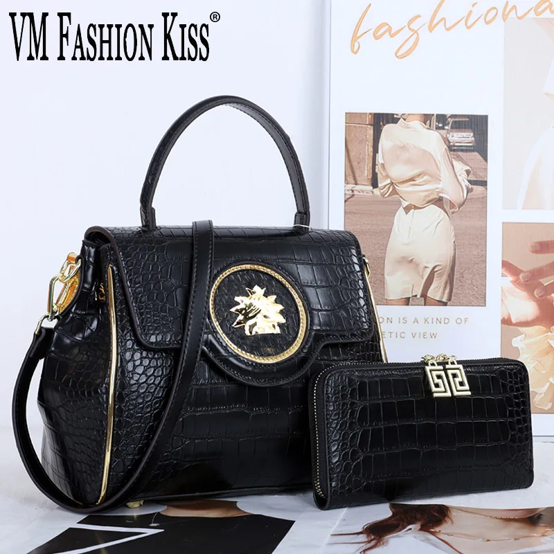 VM FASHION KISS Retro Ladies Handbags And Wallets Set Crocodile Pattern Shoulder Bag High Quality PU Leather Messenger Bag 2023