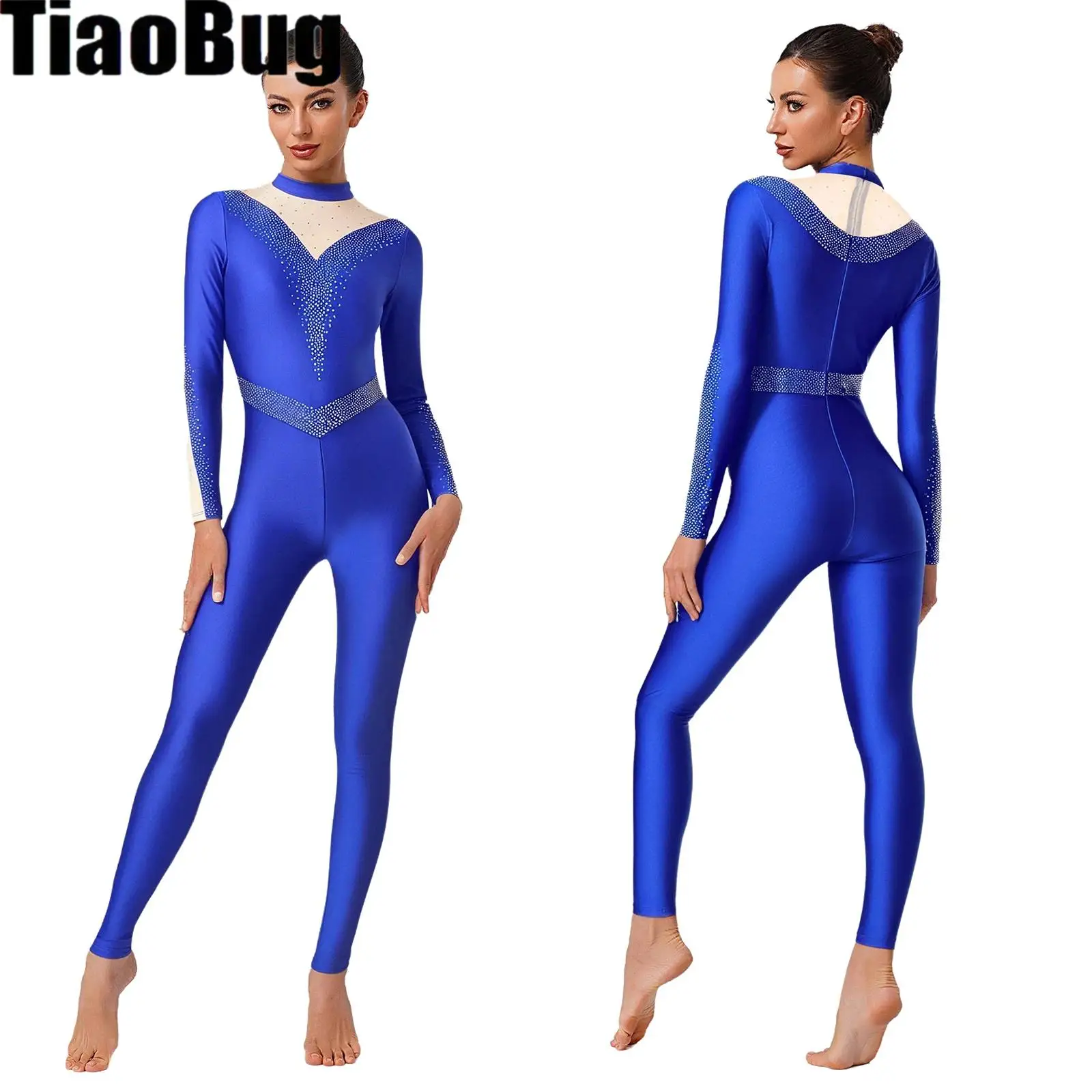 

Women Rhinestones Ballet Dance Leotard Gymnastics Dance Jumpsuit Mock Neck Long Sleeve Long Pants Bodysuit Training Dancewear