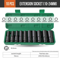 Hi-Spec 10-teiliges Set, 1/2 Zoll verlängerte Steckschlüssel, sechseckige Schlaghülsen-Set, 10–24 mm, Cro-V-Stahl-Schlagschraubsatz für Autoreparatur