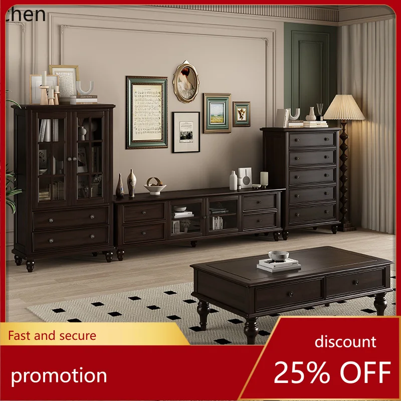 

HT pure solid wood with edge cabinet simple small apartment living room double door drop retro storage wine