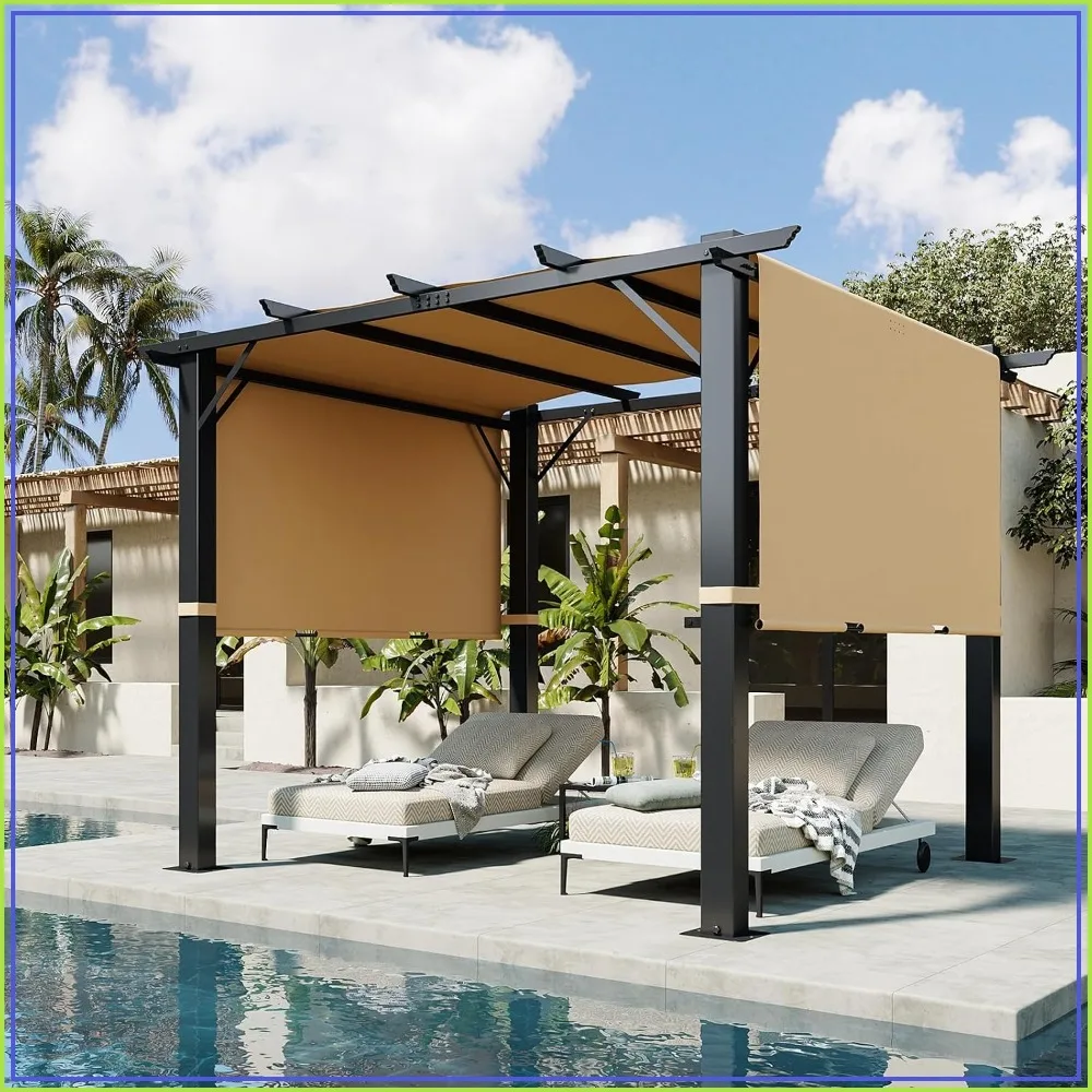 10x10FT Retractable Pergola, Heavy Duty Metal Frame, Adjustable Sun Shade Canopy for Patio Garden Deck Lawn