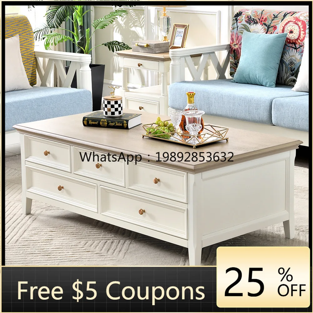 LYY American Style White Cream Solid Wood Coffee Table Walnut Wood All Solid Wood Country Style Multi-Drawer Room Furniture