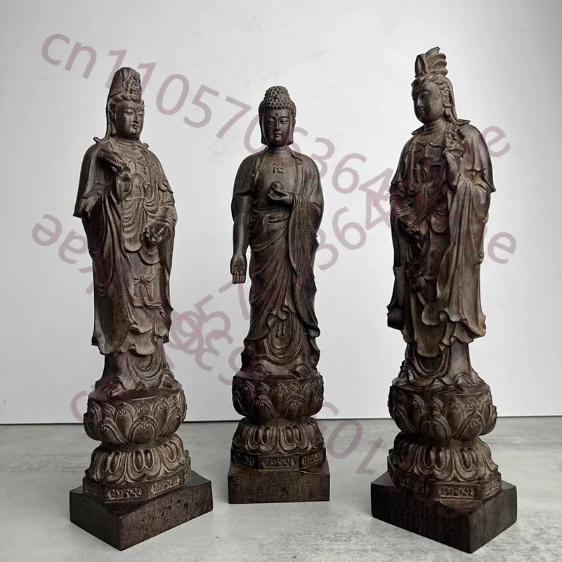 Hand Carved Western Three Saints Buddha Statue (Amitabha, Avalokiteśvara, Mahasthamaprapta) - Solid Wood Home Decoration & Reli