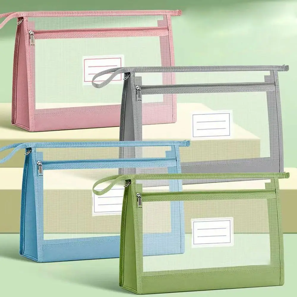 Nuevo Bolsa de archivo de malla transparente, bolsa de almacenamiento de papel de prueba gruesa de gran capacidad, bolso de mano de doble capa con cremallera