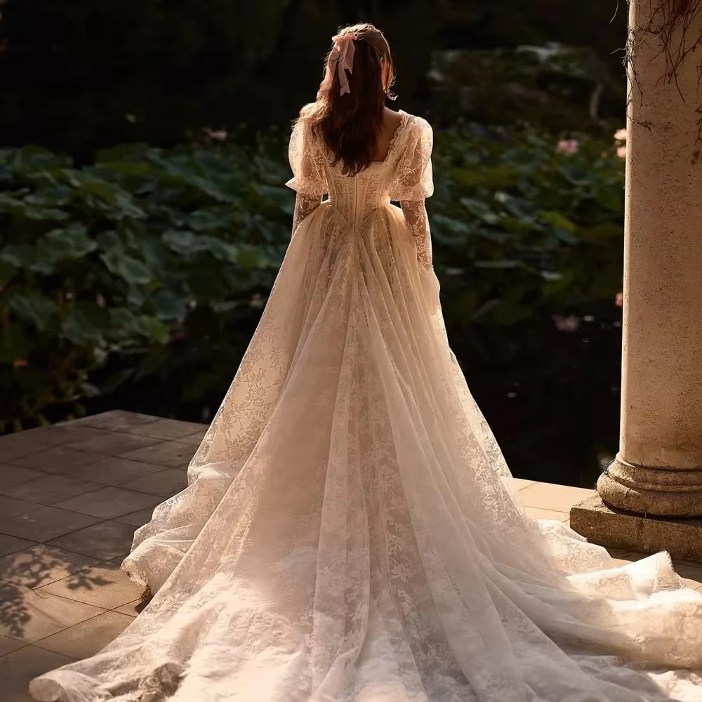 Abiti da sposa personalizzati in pizzo con spalle scoperte per donna Sposa elegante manica a sbuffo con volant abito da sposa formale vestido da festa
