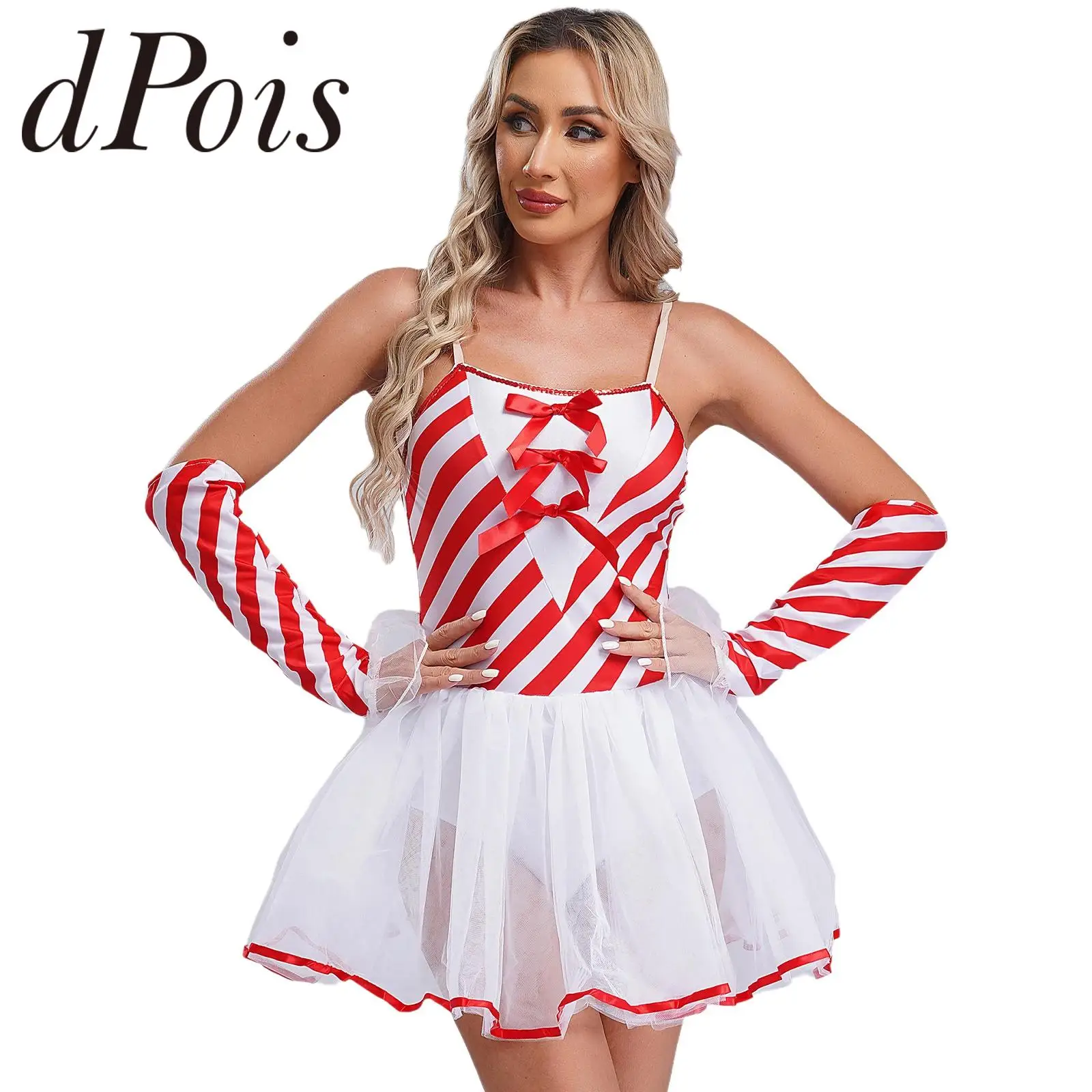 Vestido feminino de cana doce de natal com luvas, fantasia de ano novo, laço listrado, tutu, tule, estilingue, fantasia de festa de natal