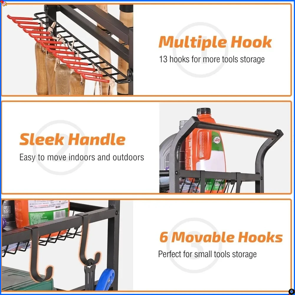 منظم أدوات الحديقة بعجلات - يحمل مكابس، مجرفة، سماد، 15.8 بوصة عمق × 44 بوصة عرض × 39.8 بوصة ارتفاعًا