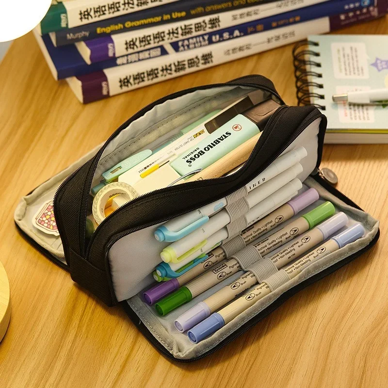 Large Capacity Pencil Case Double Side Macaron Color Canvas Pen Bag Storage Pouch Stationery for Junior High School Students