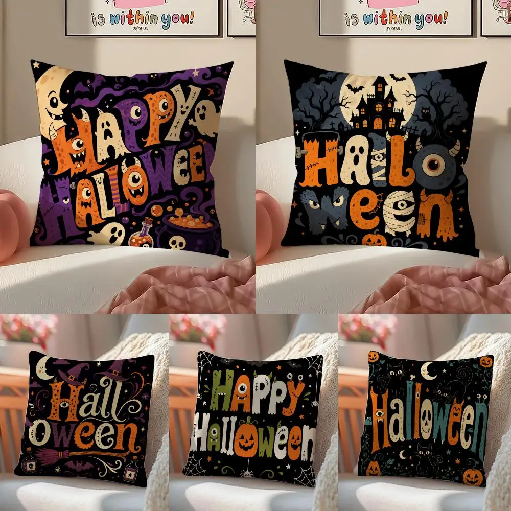 Halloween Typography Cushion Cover Pillowcase Short Plush Invisible zipper Room Sofa Cushion Cover
