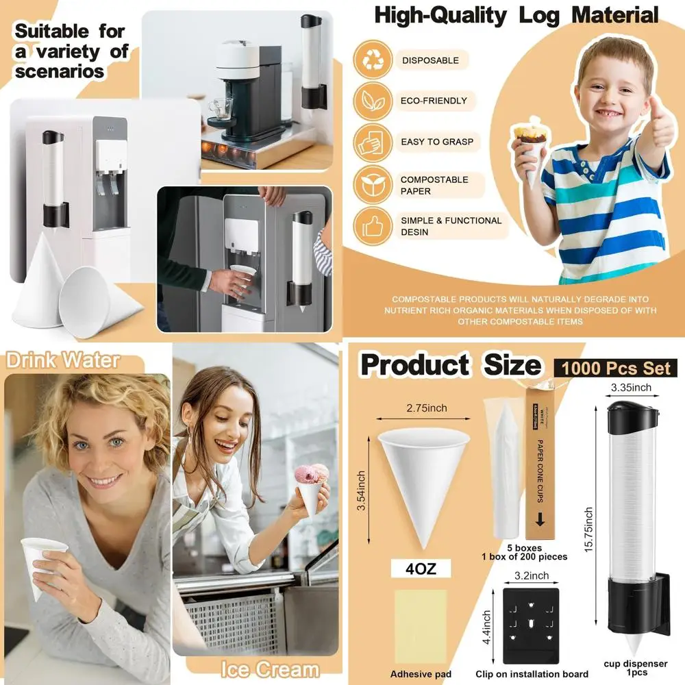 

Набор из 1000 толстых стаканов для снежных конусов объемом 4 унции с настенным диспенсером для ресторанов, дома и офиса (белые)